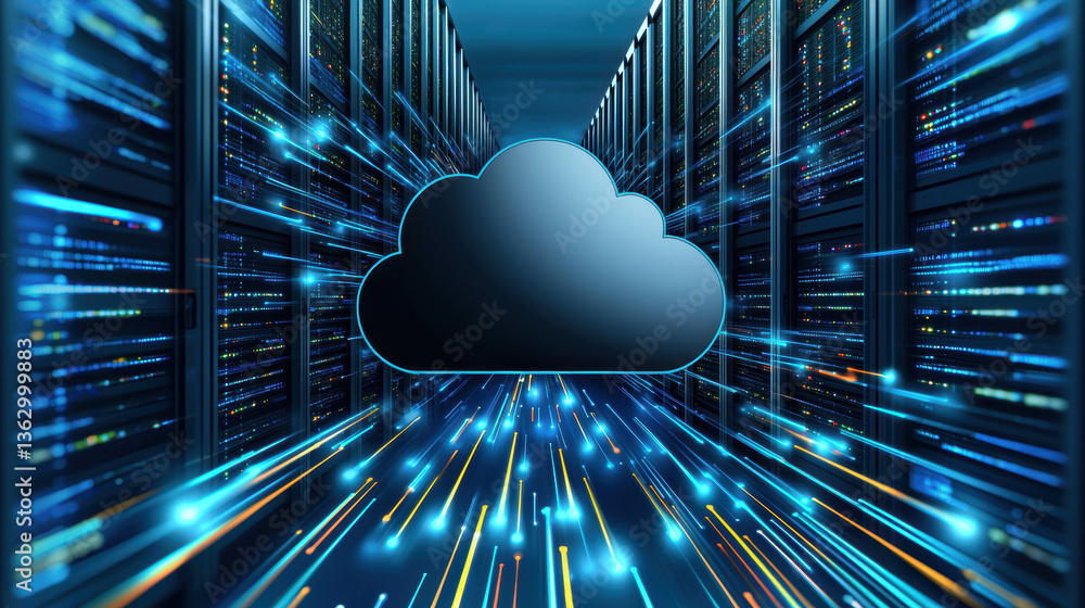 Aufkleber modern cloud icon surrounded by flowing data streams in server room, symbolizing digital connectivit