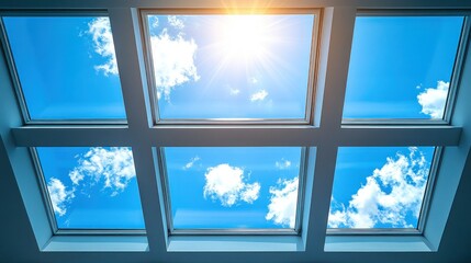 Skylight view of a bright blue sky with puffy clouds
