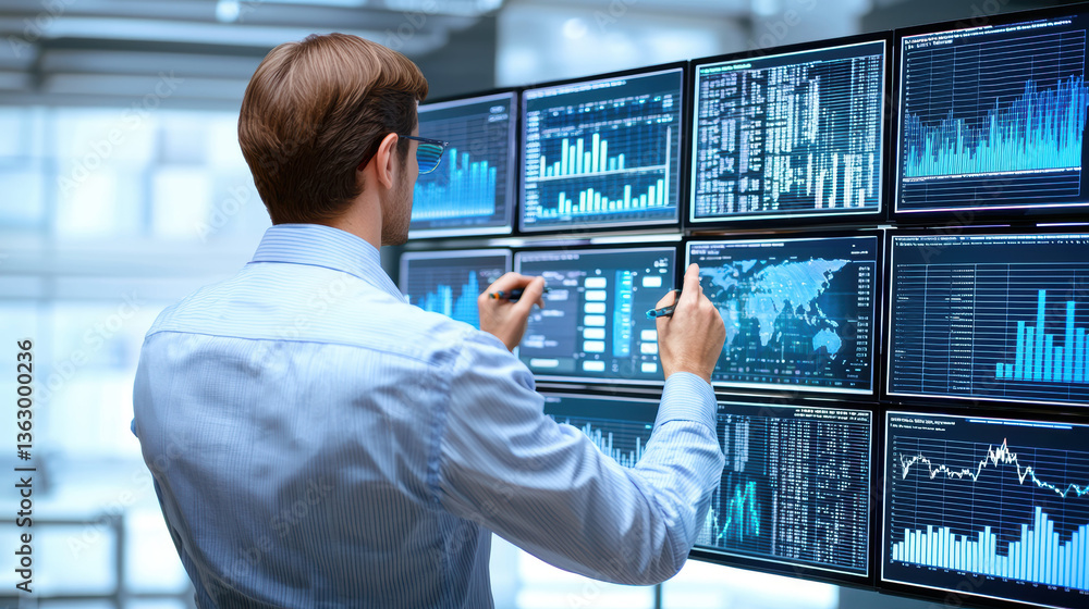 Poster professional analyzing big data on multiple screens, showcasing graphs and charts in modern office e