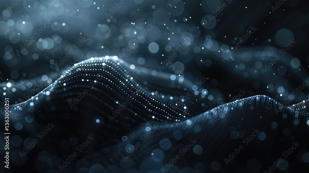 Poster This abstract tech background features smooth waves and shimmering dots, creating a visually captivating and modern digital landscape perfect for technology concepts.