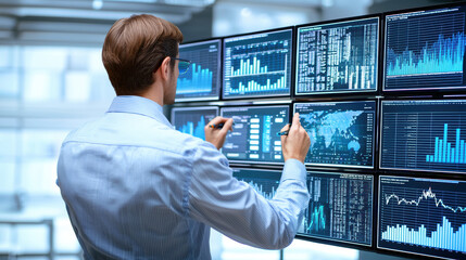 professional analyzing big data on multiple screens, showcasing graphs and charts in modern office environment