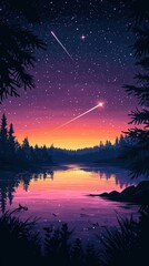 Obraz premium Serene starry night landscape with a shooting star over a tranquil lake reflecting colorful sky and silhouette of trees creating a peaceful nature scene