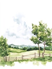 Watercolor painting of a peaceful countryside landscape with wooden fence