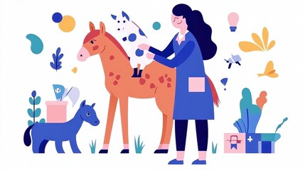 Veterinarian Checking Foal's Growth in Playful Cartoon Scene
