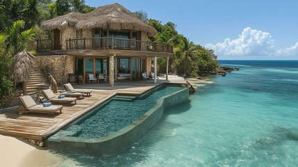 Fototapeta premium Luxury Beachfront Villa with Infinity Pool and Thatched Roofs Nestled Among Lush Tropical Vegetation