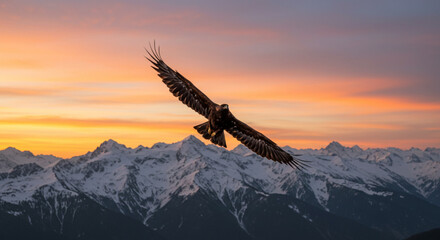 Naklejka premium Golden Eagle Flying Over Mountain Range at Sunset, Majestic Bird of Prey