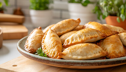 Delicious indian gujiya on elegant plate for holi festival celebration. concept of traditional food, sweet pastry, cultural festivities