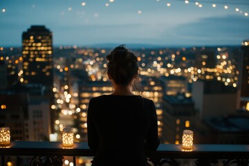 Woman looking at night city lights	