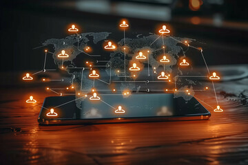 Futuristic Global Communication Network Concept with Glowing Digital User Icons Connected via Mobile Device Over World Map Technology Background