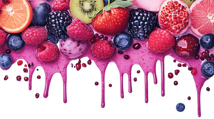 Vibrant Burst of Mixed Berries with Dripping Pink Smoothie A Fresh Colorful Delight