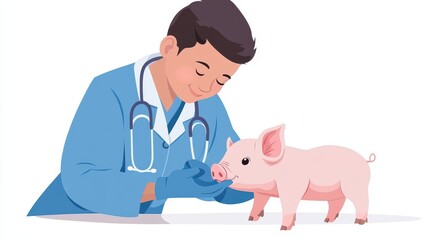 Veterinarian Examining a Piglet with Care - Animal Health and Farm Practice in Light Pastel Colors