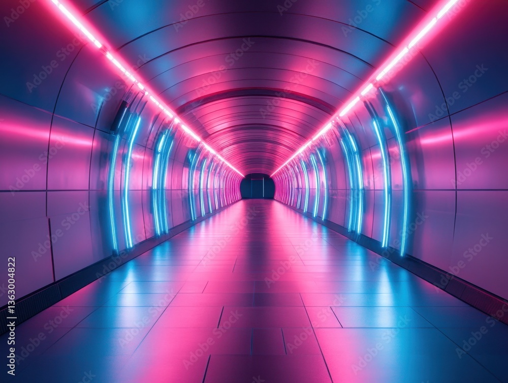Poster futuristic tunnel with neon lights and smooth reflections in a modern architecture design with persp