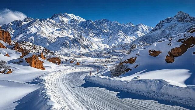 Snow-covered mountain road winding through snowy peaks