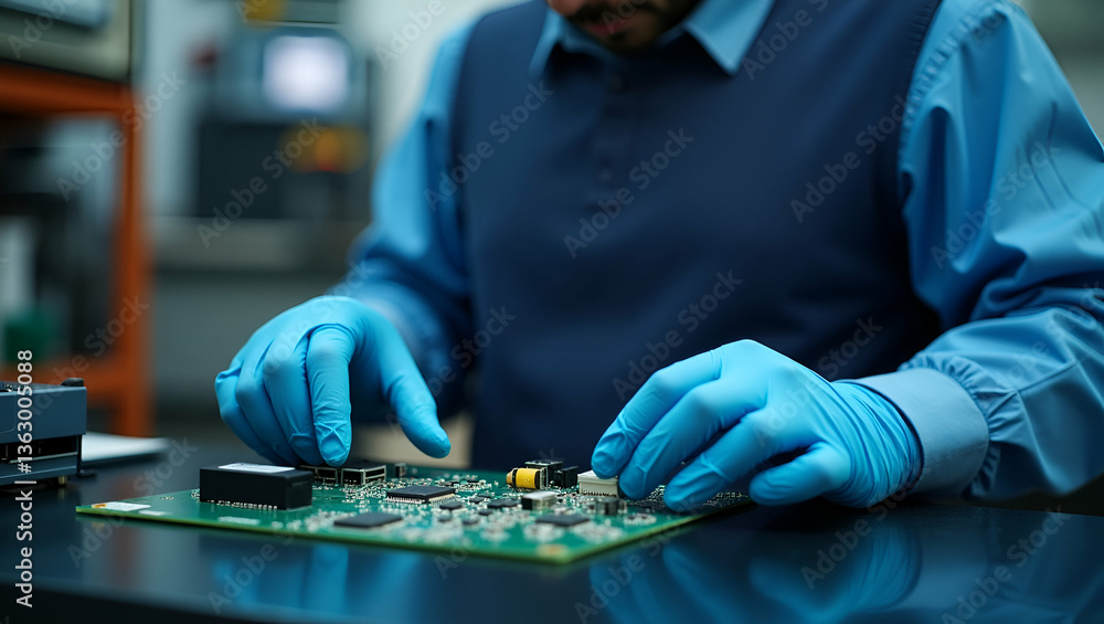 Poster skilled worker in gloves testing electronic components with specialized equipment - quality verifica