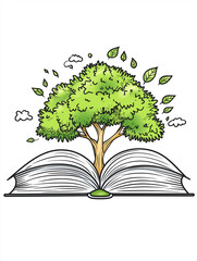 Literary Oasis: An open book transforms into a vibrant tree, symbolizing the growth of knowledge and wisdom. The image is a metaphor for learning and intellectual exploration.