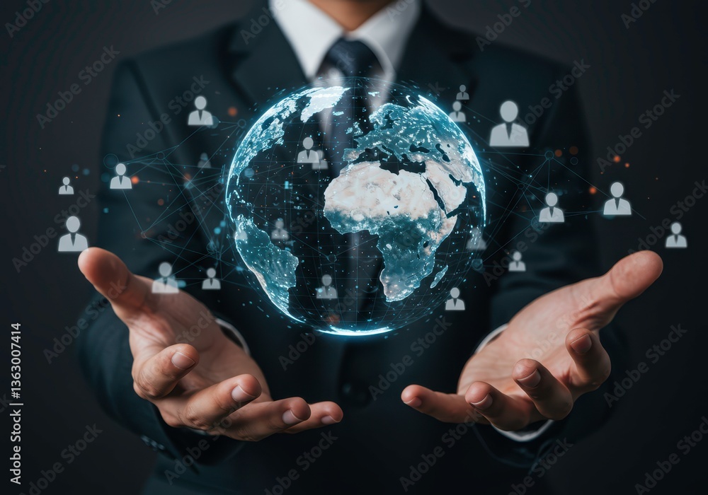 Poster ambitious man holding virtual globe with social network connection for online business. futuristic g