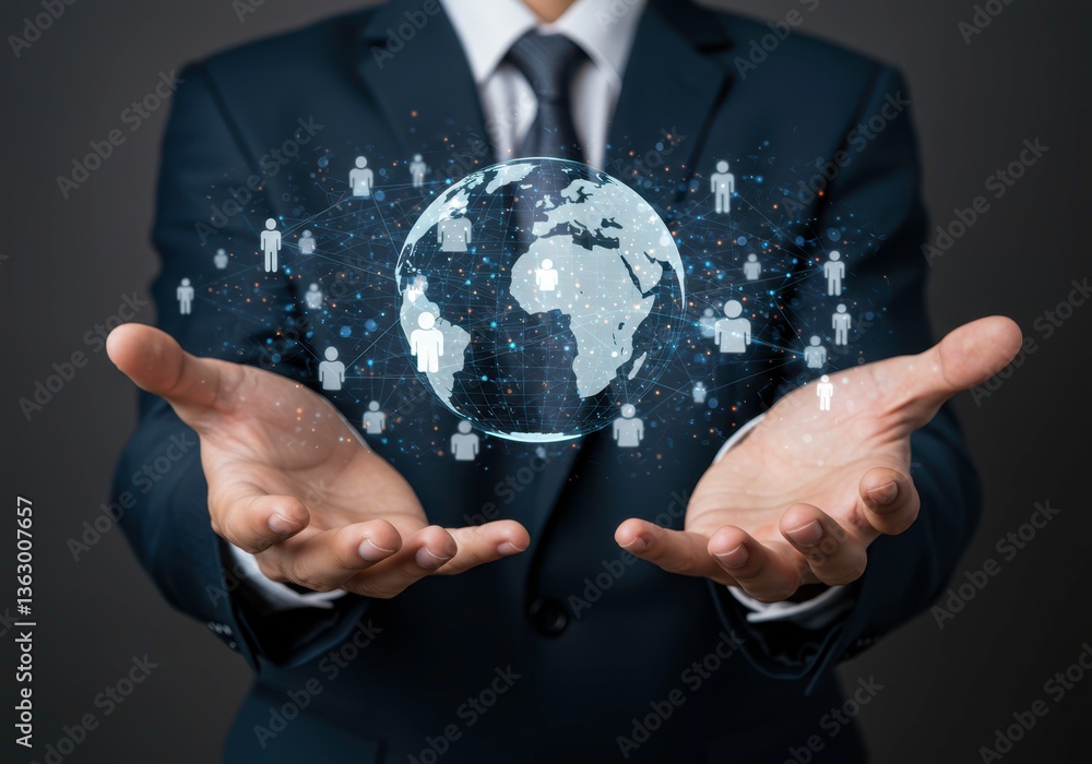 Poster man holds a digital globe with people icons connected by lines that represents global connection and