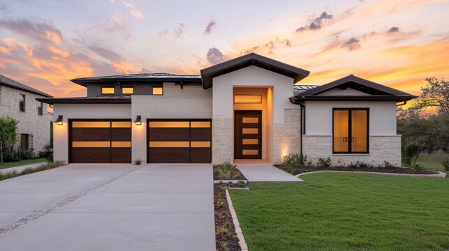 Stunning modern house building showcase residential area photography evening light front view architectural design