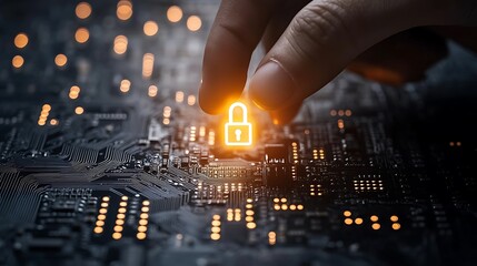 A hand touches a lit padlock on an electronic circuit board