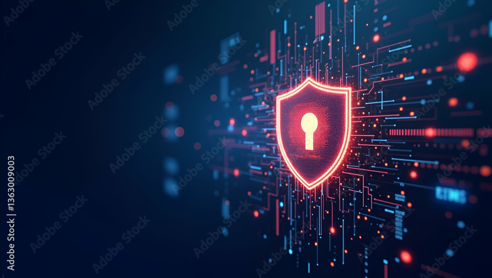 Poster flat abstract security shield and protection of digital data from attacks in vector style illustrati