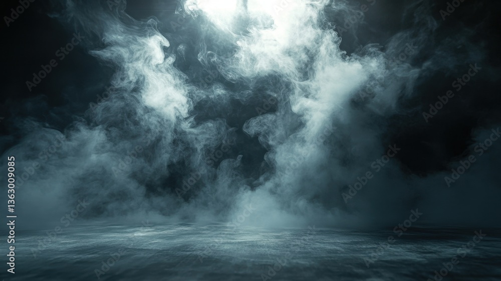 Poster dramatic smoky background with light rays illuminating a textured surface creating a mysterious atmo