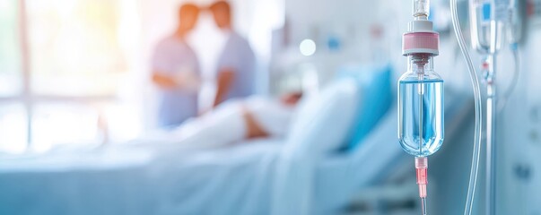 Medical fluid intravenous IV drip for patient in hospital room. Medical professionals in a hospital setting with an IV drip in focus, conveying care and support in a healing environment.