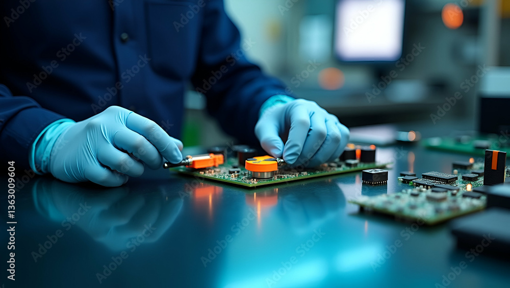 Poster flat worker wearing gloves testing electronic components with specialized equipment ensuring electro