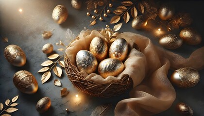Luxurious Golden Easter Eggs with Elegant Floral Engravings