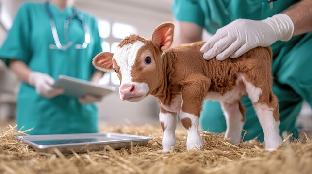 Veterinarian examines newborn calf in barn with straw, applying antiseptic with gloved hand, assistant taking notes