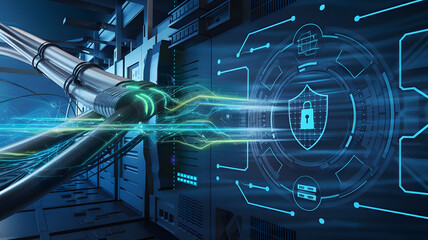 Futuristic Digital Shield with Padlock Symbolizing Cybersecurity and Data Protection, protecting data through advanced technology and encryption in a futuristic environment, A digital shield with a p
