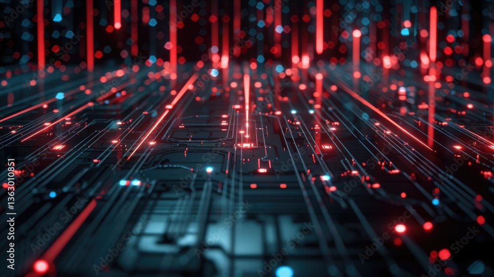 Poster abstract futuristic black circuit board with glowing elements. digital artwork of electric circuit w