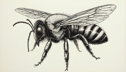 Obraz premium honey bee showcasing its wings, legs, and striped body in a realistic style sketch illustration. Black and white image. 