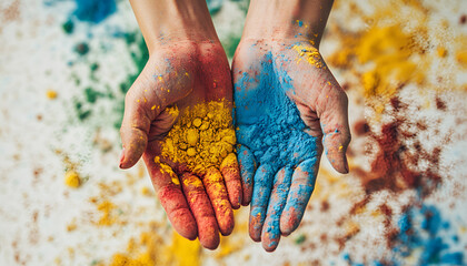 Hands Covered in Colorful Holi Powder on Light Background. Concept of Holi Festival, Vibrant Celebration, Indian Culture, Joyful Tradition, Color Explosion, Festive Mood, Happiness and Fun