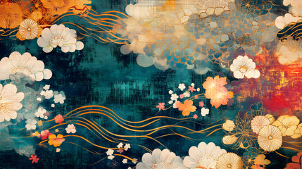 Japanese Traditional Decorative Pattern with Abstract Watercolor Textures, Soft Pastel Hues, and Ornamental Floral Details