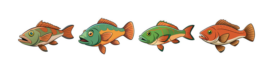 Set of Colorful Warped Grouper Fish Illustration with Realistic Features
