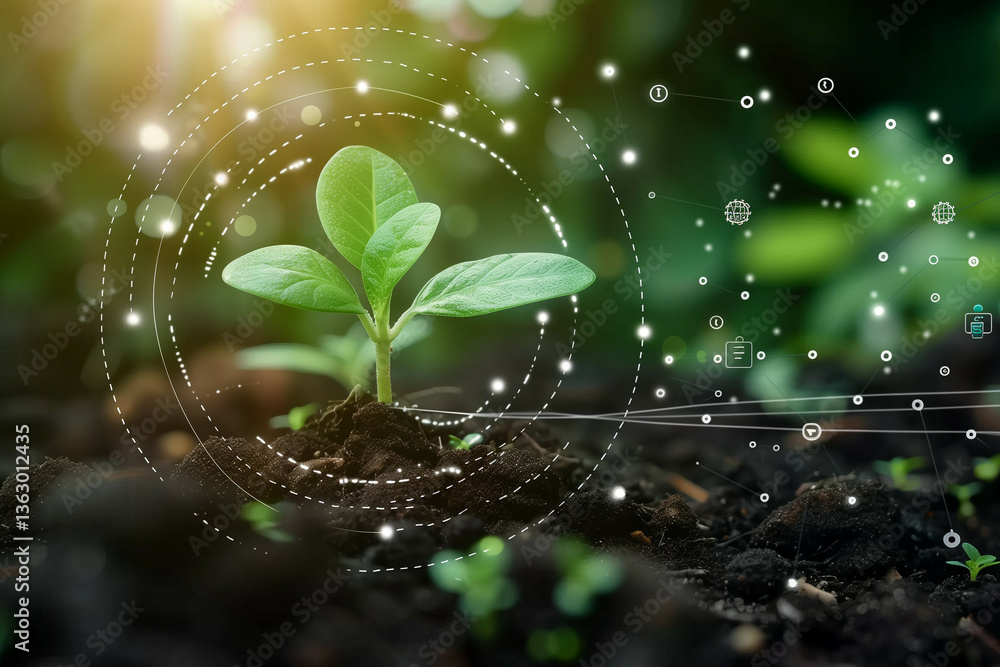 Poster a conceptual image showcasing a young sapling with futuristic data visualization elements representi