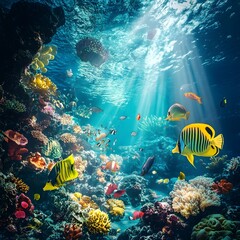 Vibrant underwater coral reef teeming with colorful fish, sunlight filtering through water, serene environment