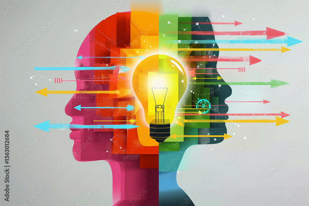 Aufkleber creative concept of innovation with two human profiles connecting ideas and thoughts represented by 
