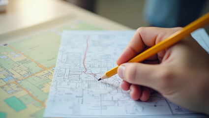 Smart Land Purchase Decisions: Man with Pencil on Cadastral Map