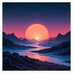 Stunning sunset over majestic mountains, casting vibrant colors across a tranquil river, creating a breathtaking natural scene.