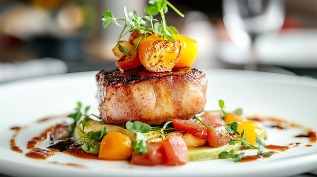 Close-up of a beautifully plated gourmet dish with fresh herbs and vibrant colors, ideal for upscale culinary branding