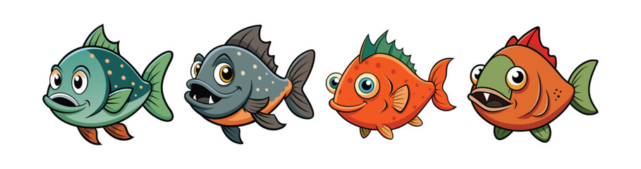 Set of Colorful Warty Piranha Illustration with Realistic Features