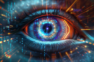 The image depicts a highly detailed and vividly colored digital eye with futuristic cybernetic enhancements and vibrant light effects