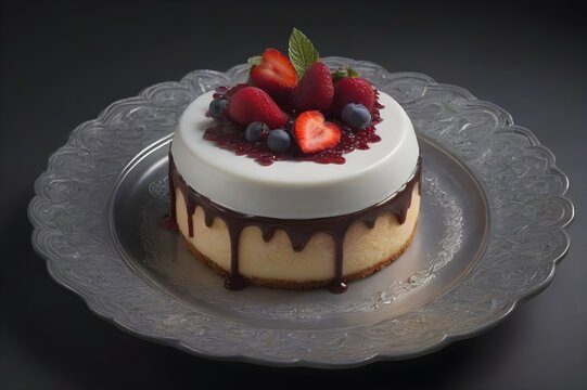 Cheesecake with White Glaze, Chocolate Drizzle, and Fresh Berries