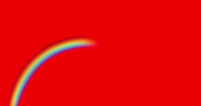 Rainbow forms slowly on red screen background in perpective view. Soft color gradient animation on redbox.