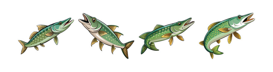 Set of Stunning Waterglow Pike Fish Illustration with Bright Colors