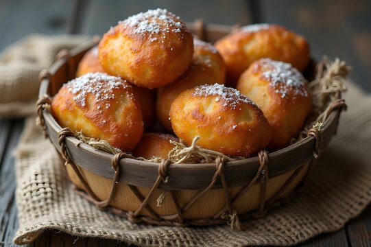 Golden Beignets with Powdered Sugar in Wooden Basket