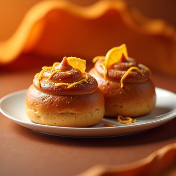 Caramel Topped Pastries with Orange Slice and Sugar Sprinkles
