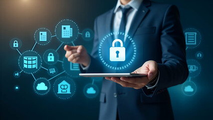 Enhance Document Safety & Security: Businessman Uses Online Database Management for Efficient File Access