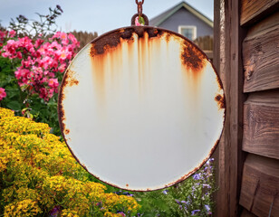 Rustic blank round metal sign mockup. Empty circle garden sign with rust edge. Farmhouse garden decor, wreath sign, door hanger or welcome sign for home, restaurant, shop, and office.